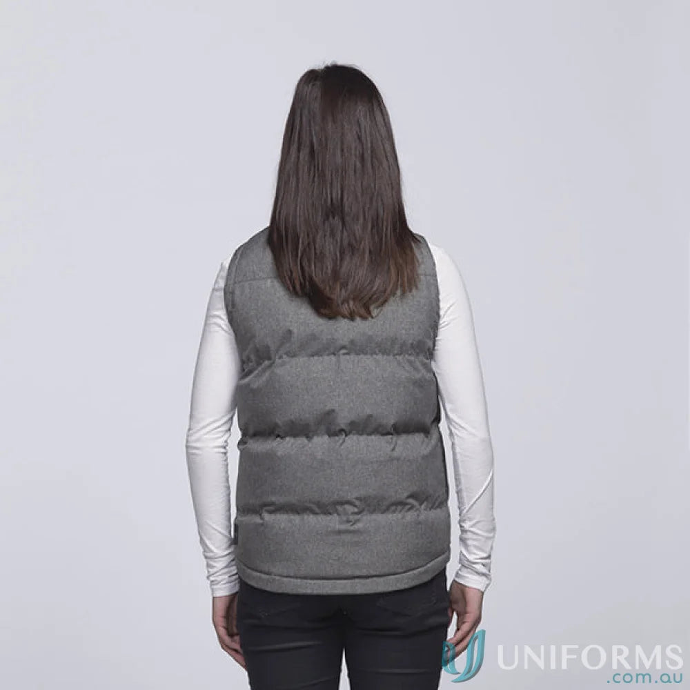 Gray basin puffa vest with zippered internal storage and poly-fill padding