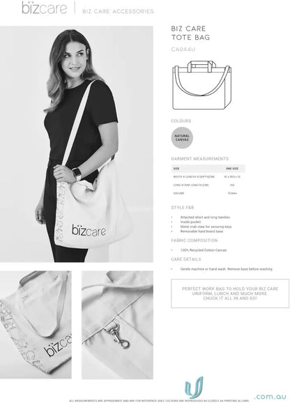 Woman modeling a natural canvas unisex Biz Care Tote Bag for everyday use
