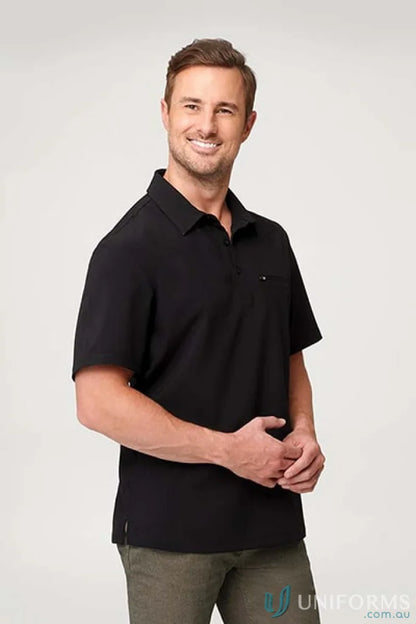 Smiling man in black city active stretch polo, perfect workwear or uniforms