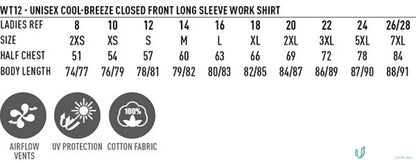 Sizing chart for unisex cool breeze closed front long sleeve work shirt by Winning Spirit Unisex