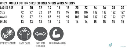 Unisex Cotton Stretch Cuffed Short size chart and care tips for cotton stretch drill fabric