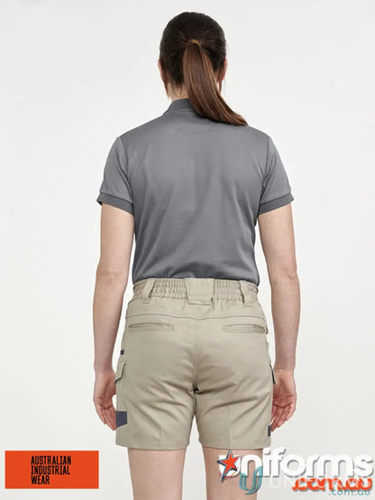 Woman in gray shirt and khaki shorts wearing Unisex Cotton Stretch Cuffed Short