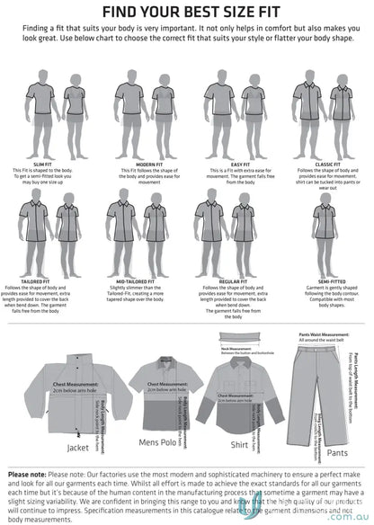 Clothing fit guide for Unisex Cotton Stretch Drill Cuffed Work Pants WP28HV