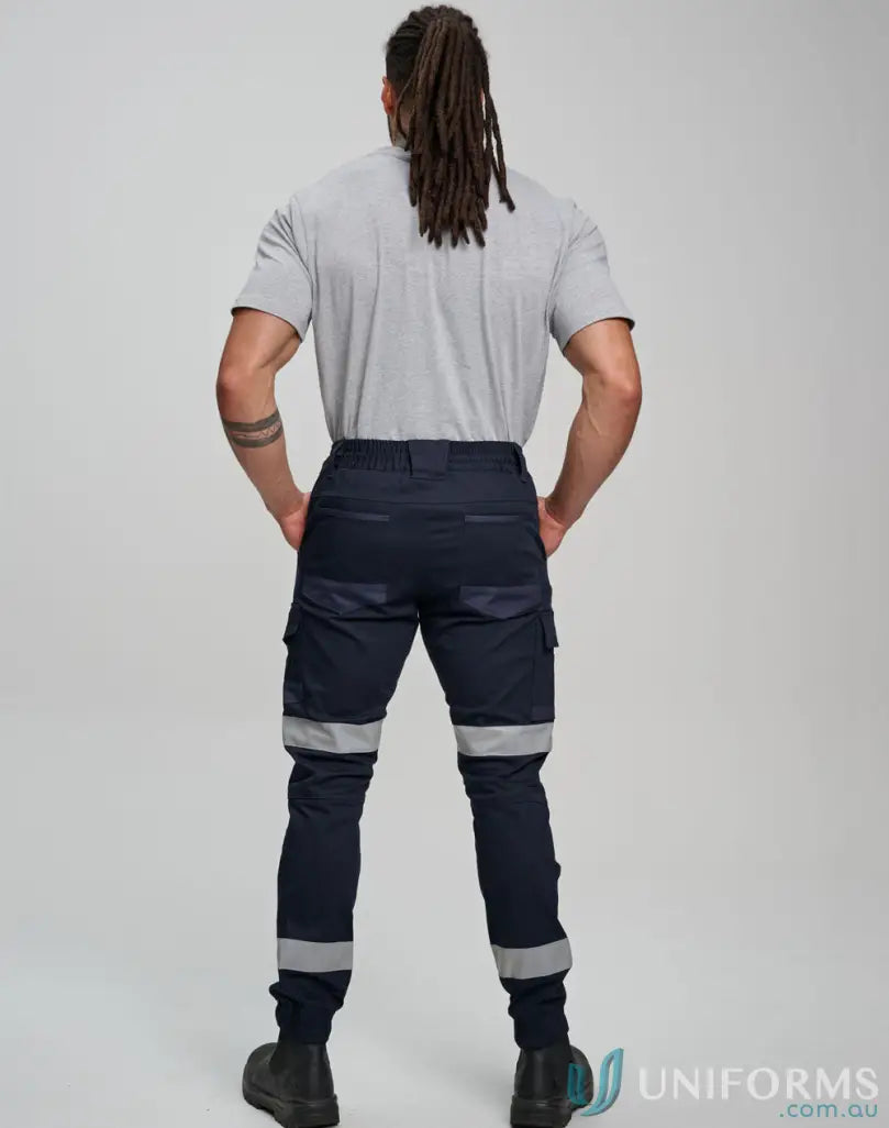 Unisex Cotton Stretch Drill Cuffed Work Pants with Tapes featuring navy work pants with reflective stripes for safety WP28HV