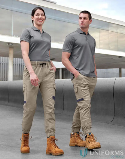 Two people showing off stylish cotton stretch drill cuffed work pants wp28hv