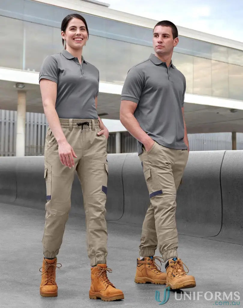 Two people showing off stylish cotton stretch drill cuffed work pants wp28hv