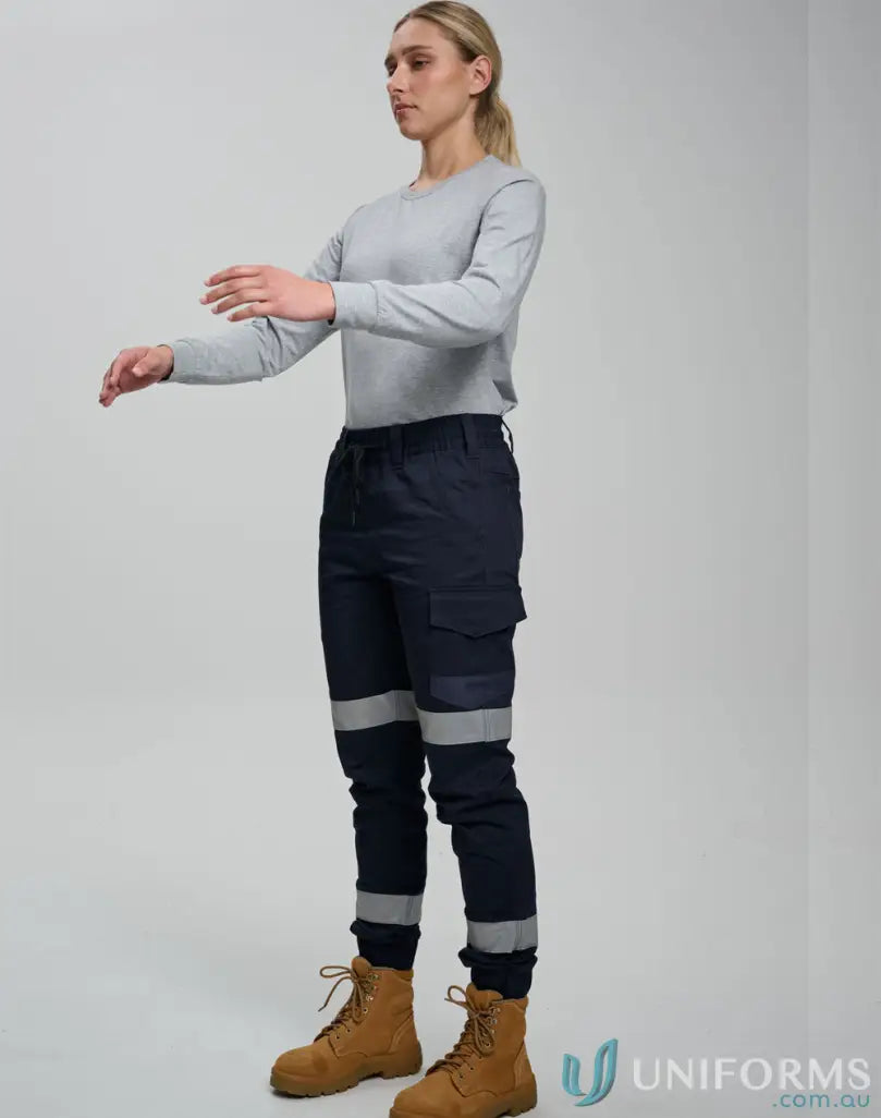 Woman wearing navy blue cotton stretch drill cuffed work pants with reflective tapes WP28HV