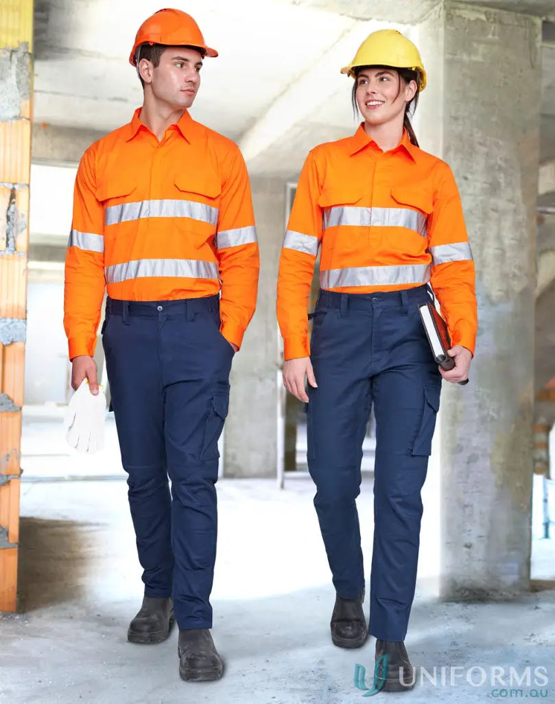 Construction workers in safety gear wearing unisex cotton stretch rip-stop work pants
