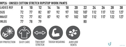 Work pants sizing chart for WP26HV Unisex Cotton Stretch Rip Stop Work Pants