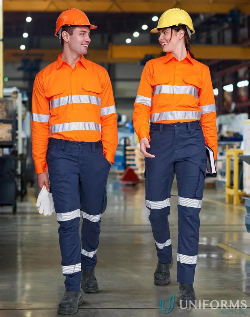Two workers in safety gear wearing wp26hv unisex cotton stretch rip stop work pants