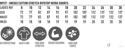 Work shorts sizing chart for Unisex Cotton Stretch Rip Stop Work Pants