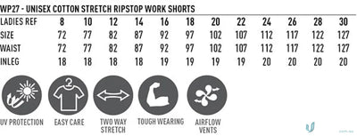 Unisex Cotton Stretch Rip Stop Work Shorts sizing chart and features for WP27 Unisex Cotton