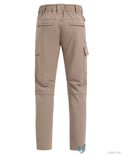 Men’s beige water repellent flexi work pants with cargo pockets for versatile outdoor wear