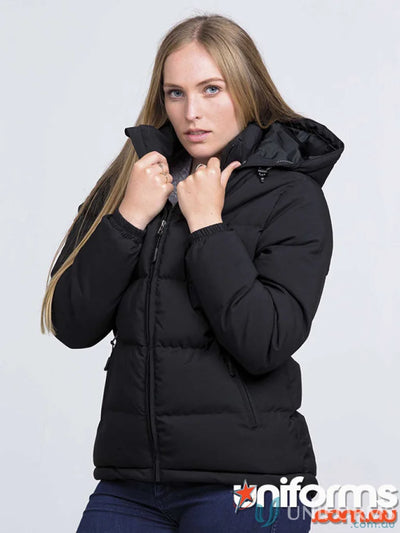 Unisex Edge Puffa jacket with black hood, water repellent, stays warm and stylish