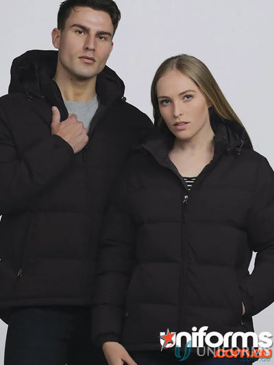 Two people wearing black unisex edge puffa jackets, stay warm and water repellent rated