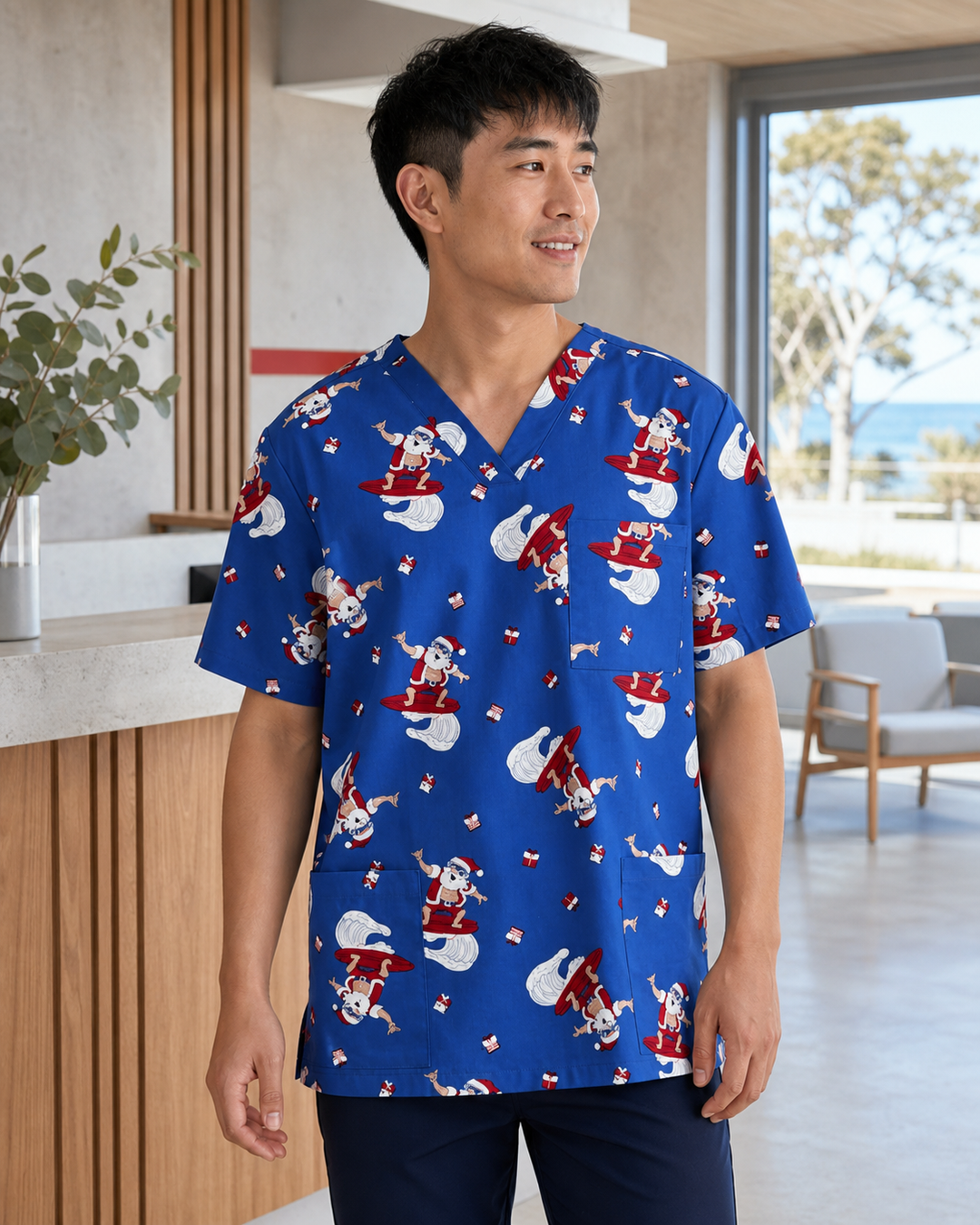 Unisex Electric Blue Christmas Scrub Top