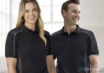 Matching black grid polo p413us with gray accents from Recycled Polyester Biz Collection for all-day comfort