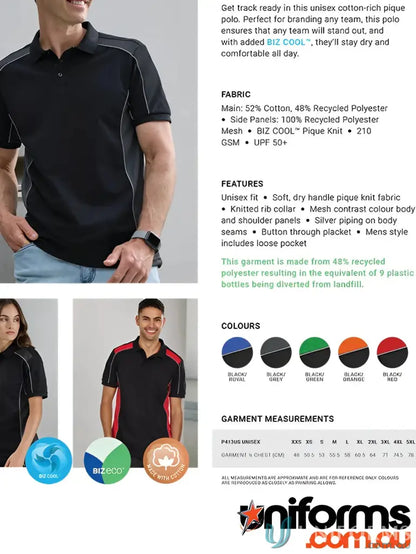 Unisex grid polo p413us in recycled polyester biz collection with all-day comfort pique knit
