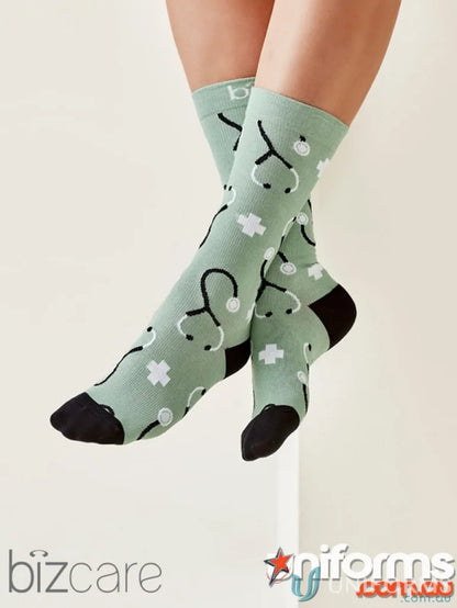Sage green unisex happy feet comfort socks with stethoscope and cross pattern for feet comfort