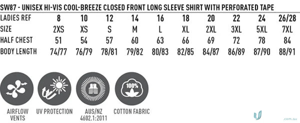 Sizing chart for Unisex Hi Vis Cool Breeze Long Sleeve Shirt showin’ fit info