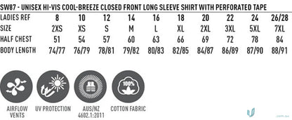 Sizing chart for Unisex Hi Vis Cool Breeze Long Sleeve Shirt showin’ fit info