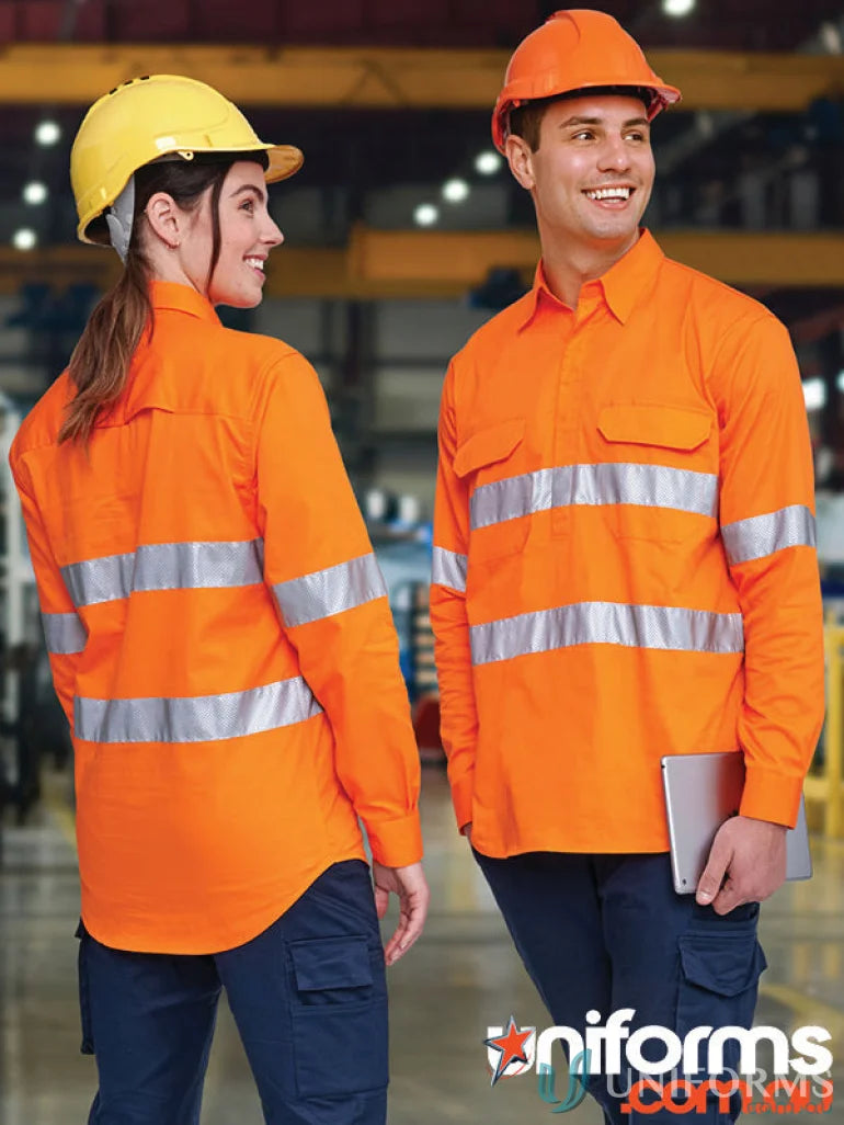 Orange hi-vis cool breeze long sleeve work shirts for safety and comfort on job sites