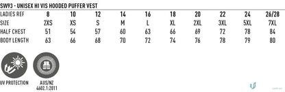 Sizing chart for Unisex Hi Vis Hooded Puffer Vest with high-visibility protection