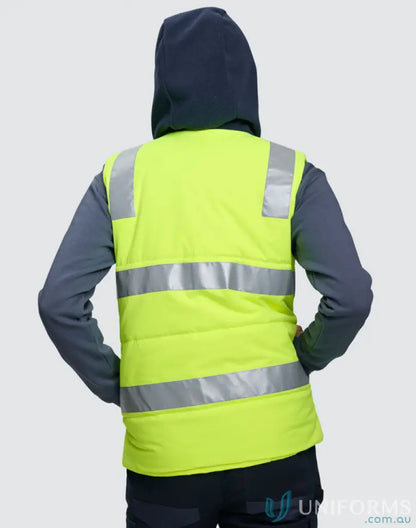Unisex Hi Vis Hooded Puffer Vest with reflective stripes for high-visibility protection
