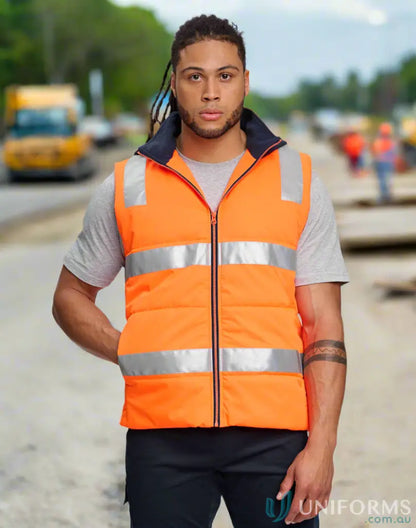 Orange quilted high-visibility protection vest from Winning Spirit Unisex Hooded Puffer Vest