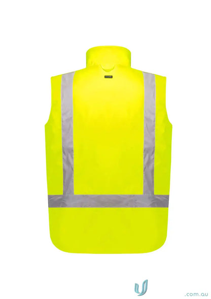 Bright yellow high visibility waterproof reversible vest with reflective stripes for safety