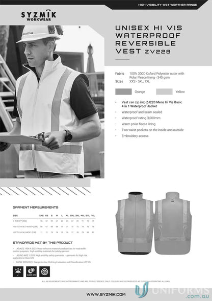 Unisex high visibility waterproof reversible vest with fully waterproof outer for safety