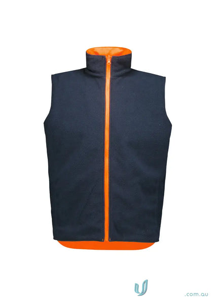 Navy blue waterproof reversible vest with orange collar, high visibility, fully waterproof outer