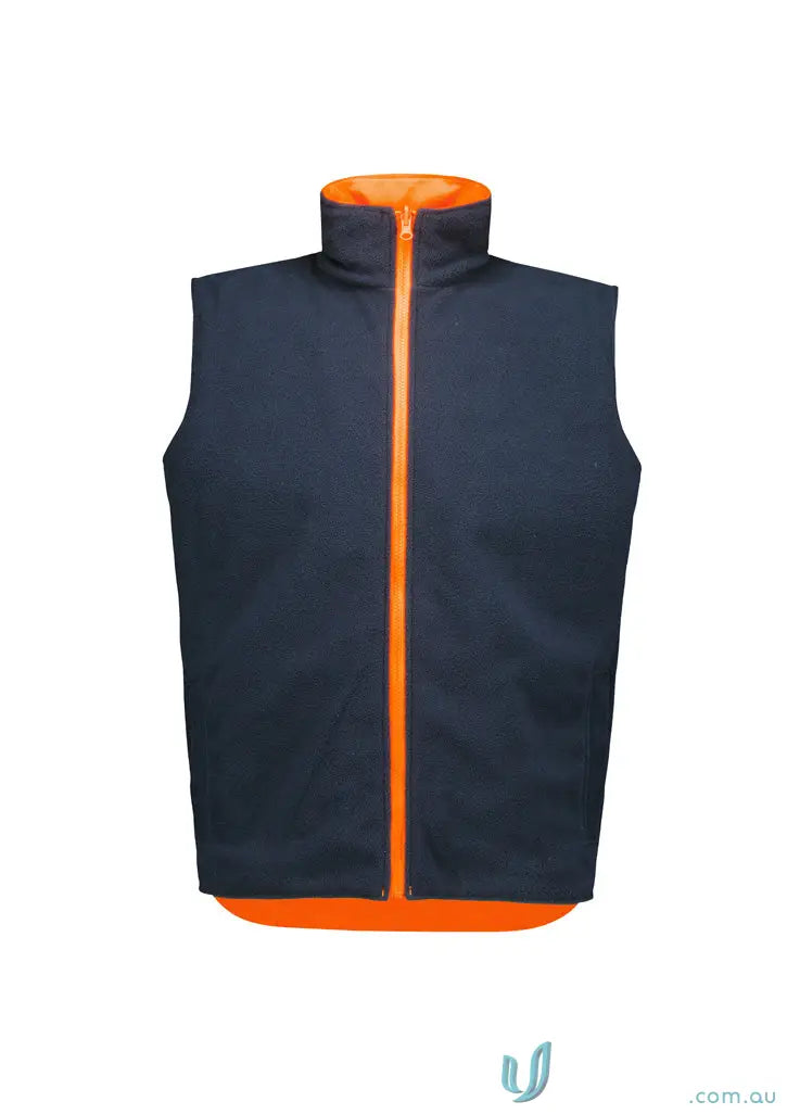 Navy blue waterproof reversible vest with orange collar, high visibility, fully waterproof outer