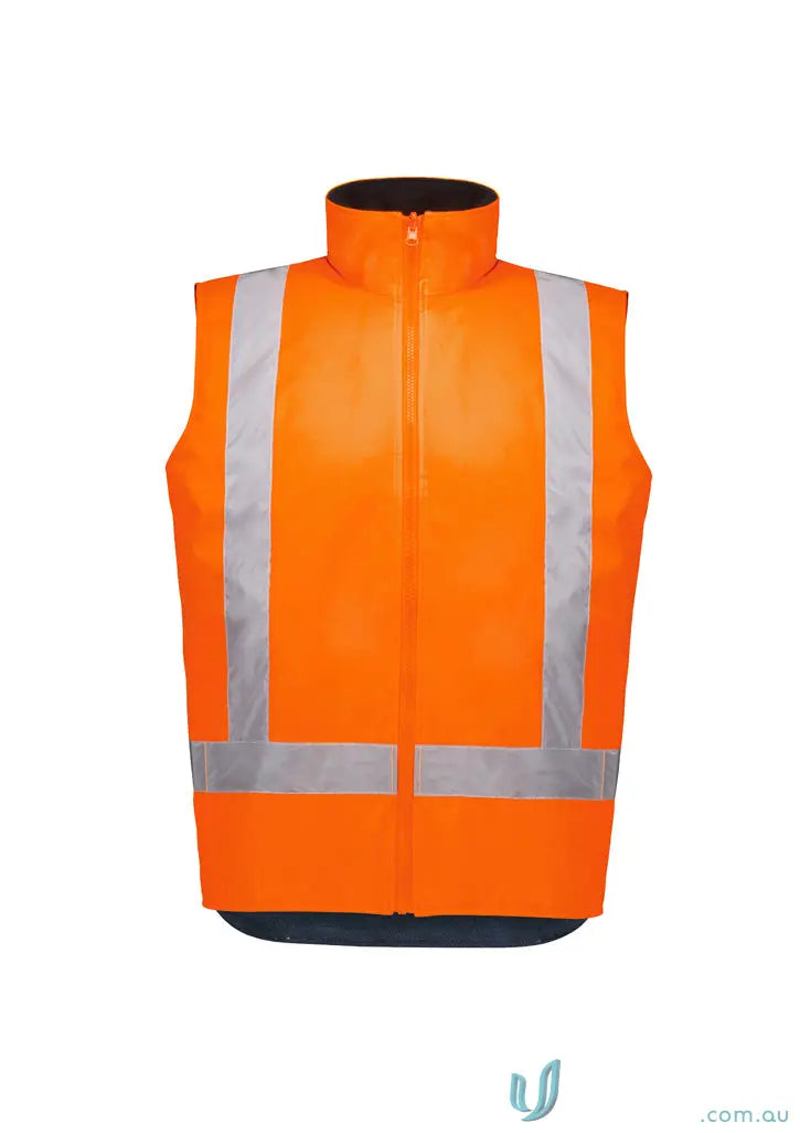 Orange high visibility waterproof reversible vest with reflective strips and full-zip front