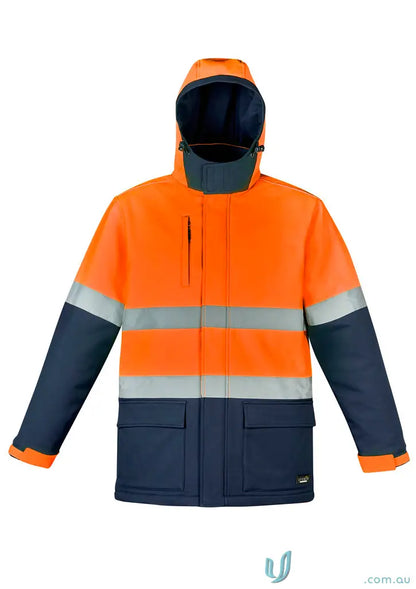 Orange and navy high-vis Antarctic Softshell jacket with fleece-lined hand warmers