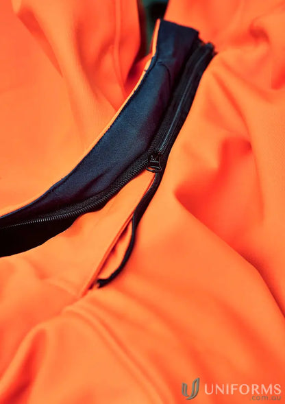 Unzipped orange VIS Antarctic softshell jacket with fleece-lined hand warmers