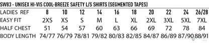 Alt text for Unisex HiVis Breeze Segmented Tape Shirt size chart with sw83 hi-vis work info