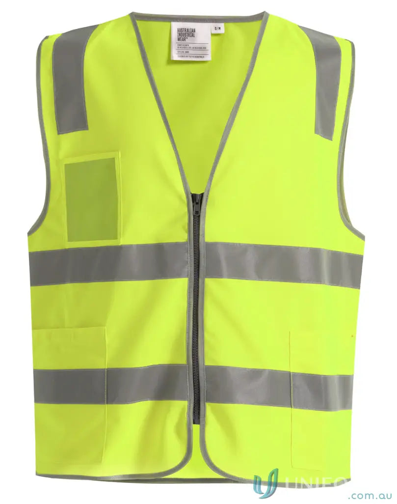 Bright yellow sw04 hi-vis safety vest with utility pockets and reflective stripes