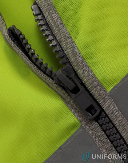Partially unzipped neon yellow sw04 hi-vis vest with utility pockets and reflective strip
