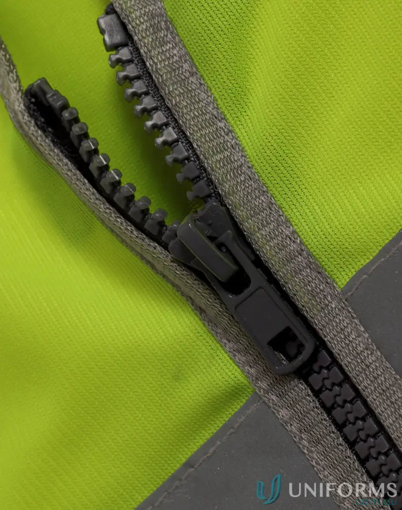 Partially unzipped neon yellow sw04 hi-vis vest with utility pockets and reflective strip
