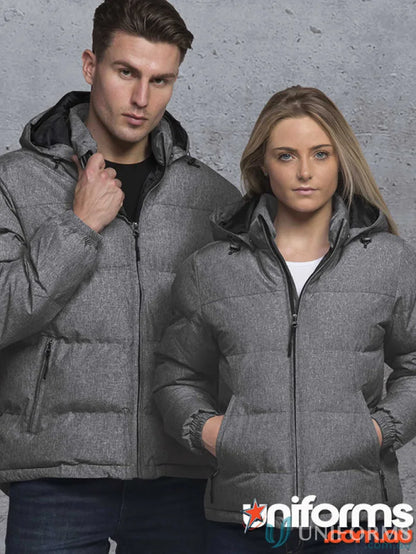 Gray hooded puffer jackets with blind zipper for Unisex Invert Puffa Jacket workwear