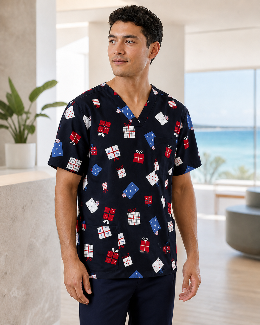 Unisex Navy Christmas Scrub Top
