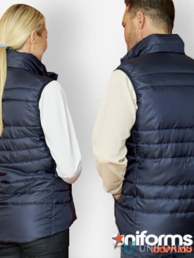 Two people wearing navy blue Unisex Packlite Vests with concealed hoods and ripstop fabric