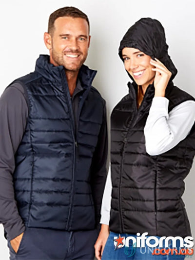 Two people modeling Unisex Packlite Vest with concealed hood in ripstop fabric