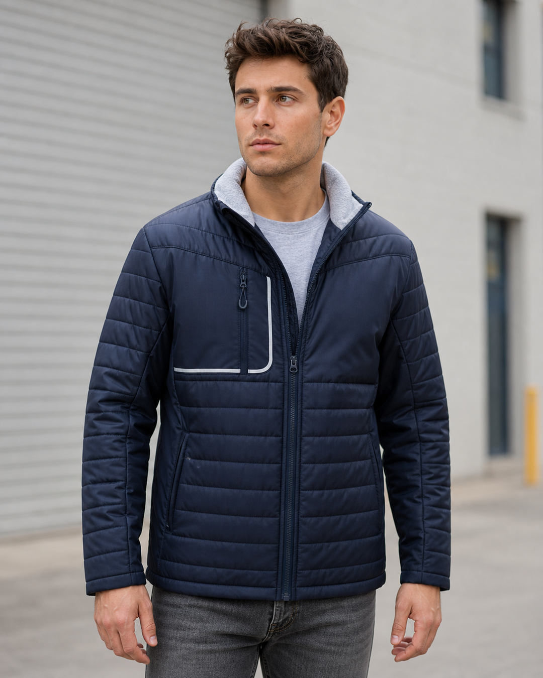 Unisex Patrol Jacket navy and silver on Australian male model