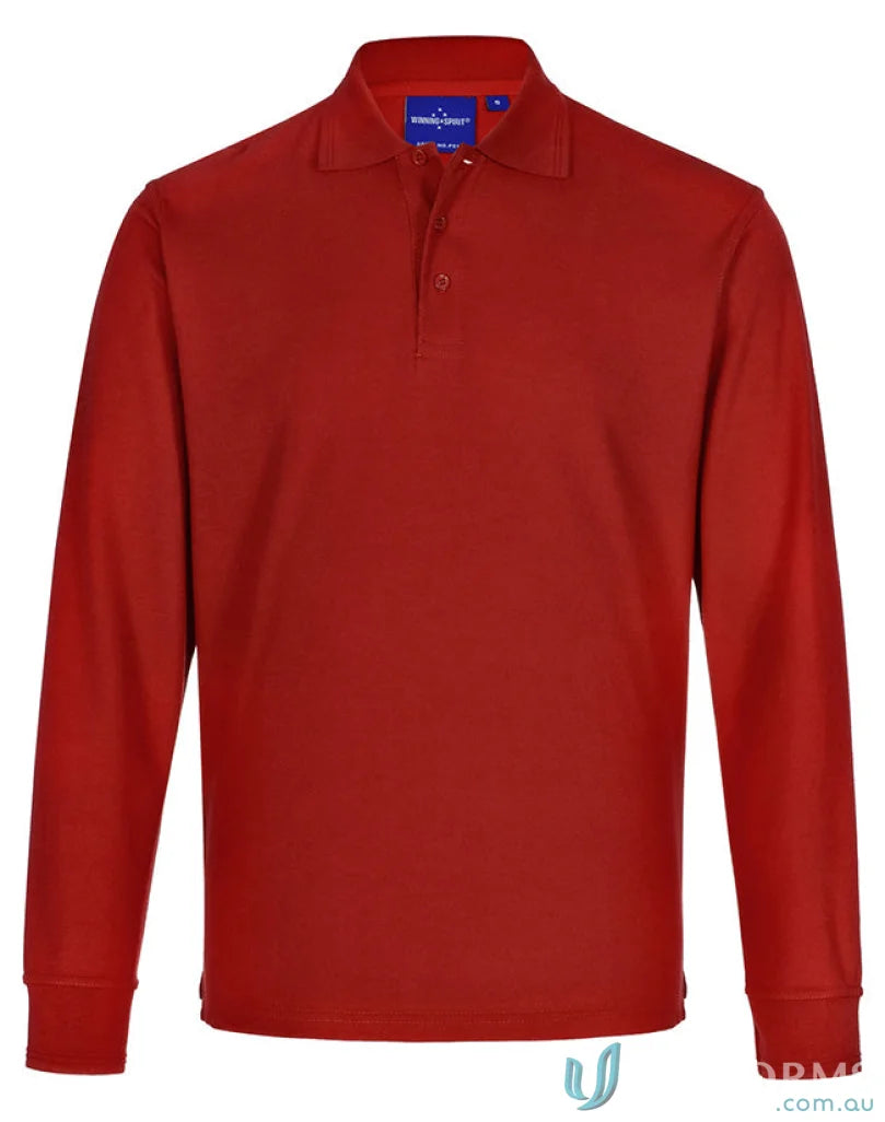 Red long-sleeve polo shirt from Unisex Pique LS Polo made of traditional poly cotton