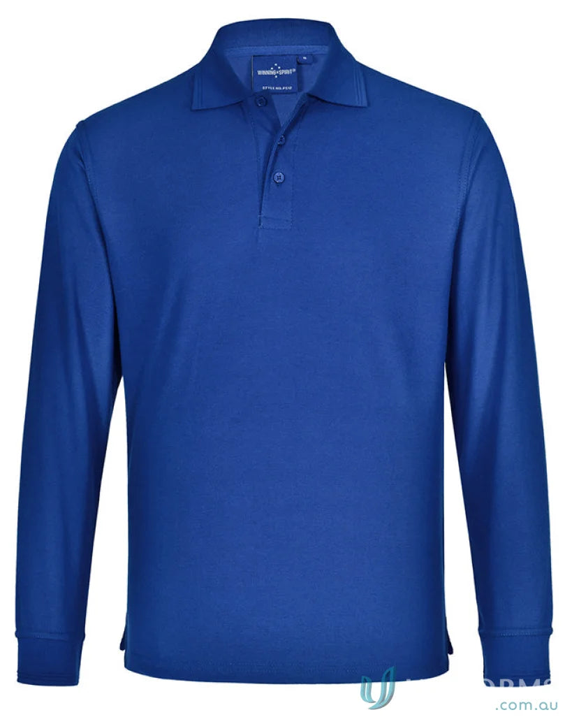 Blue long-sleeved polo shirt from Unisex Pique LS Polo made of traditional poly cotton