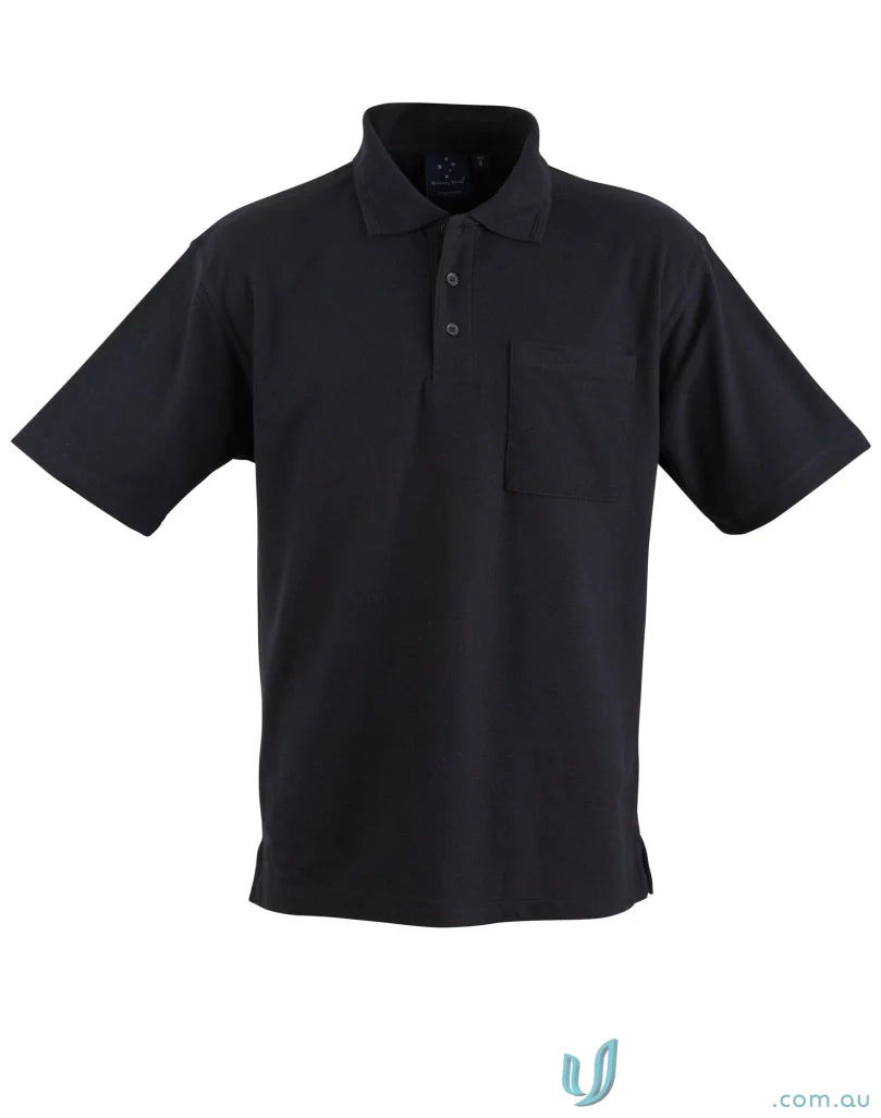 Black short-sleeved Winning Spirit Unisex Pocket Polo with taped neck seam and PS41 pocket polo