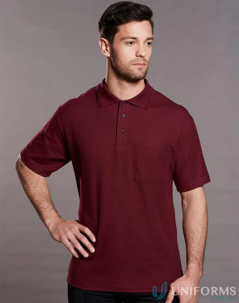Maroon short-sleeved PS41 Pocket Polo shirt with taped neck seam for winning spirit unisex style