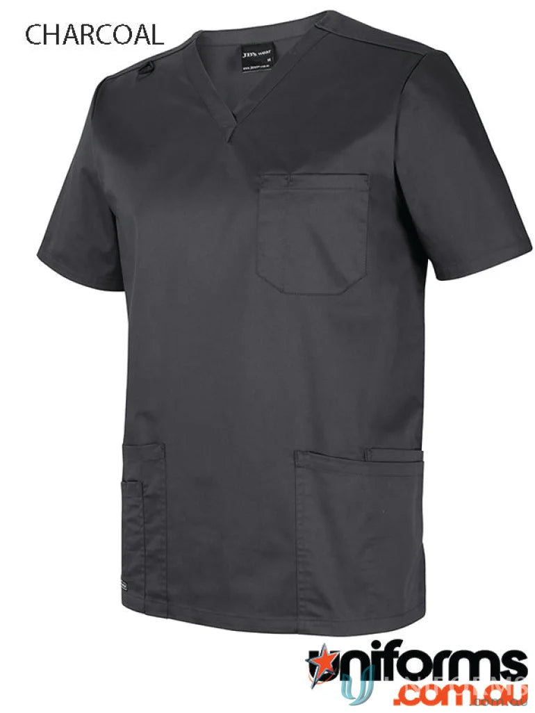 Charcoal-colored unisex premium scrub top with pen compartment for medical professionals